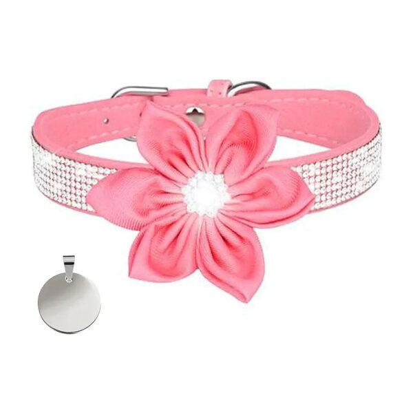 Pink Bling Diamond Floral Dog Collar with ID Tag for Small Medium Large Dogs Cats Pets