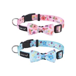 Pink Blue Flower Pattern Dog Collars with Adjustable Bow Tie Collars Soft Material