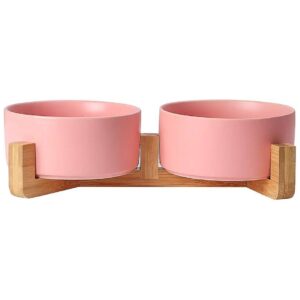 Pink Ceramic and Wood Elevated Raised Cat Bowls No Spill Pet Food Water Feeder Set of 2