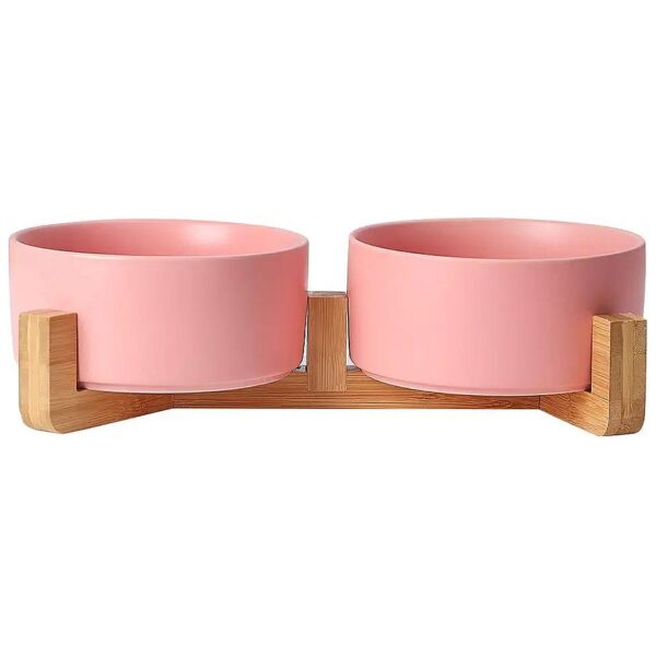 Pink Ceramic and Wood Elevated Raised Cat Bowls No Spill Pet Food Water Feeder Set of 2