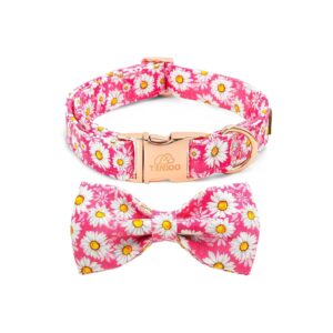 Pink Daisy Flower Bow Tie Dog Collar with Adjustable Cotton and Durable Metal Buckle