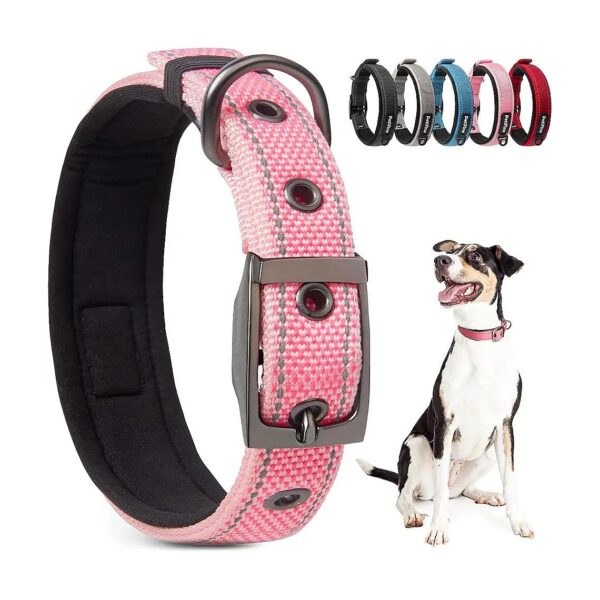 Pink Dog Collar with Metal Buckle and Reflective Straps for Small to Large Canines