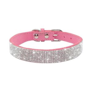 Pink Dog Collar with Soft Suede Leather and Bling Rhinestones for Small to Large Dogs