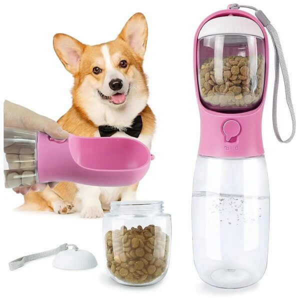 Pink Dog Water Bottle and Food Container Combo for Outdoor Adventures with Pets