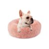 Pink Faux Fur Dog Bed for Small Female Dogs Donut Shape Calming Soft Washable Puppy Bed