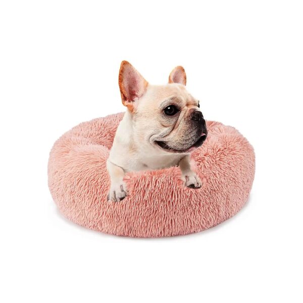 Pink Faux Fur Dog Bed for Small Female Dogs Donut Shape Calming Soft Washable Puppy Bed