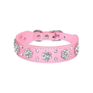 Pink Floral Rhinestone Dog Collar with Studded Bling for Small to Medium Dogs