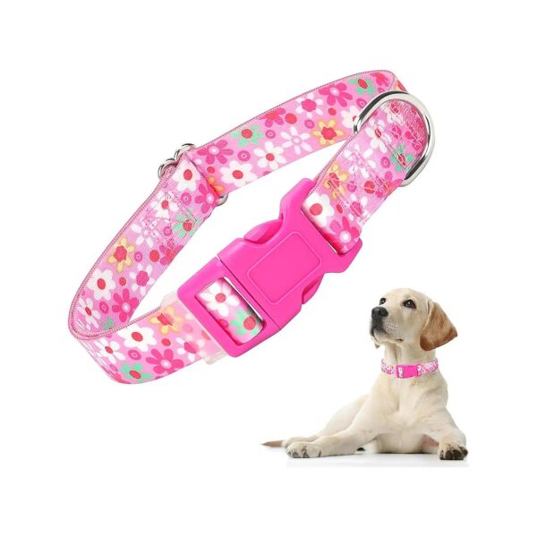 Pink Flower Patterned Dog Collar with Adjustable Buckle for Small Medium Large XL Dogs