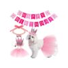 Pink Gauze Tutu Skirt Dog Birthday Outfit with Pearl Necklace and Crown Hat