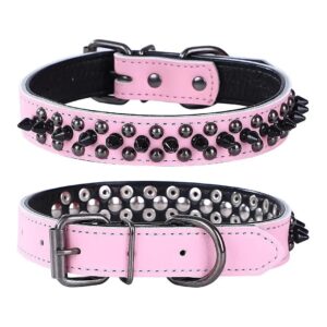 Pink Genuine Leather Studded Dog Collar with Adjustable Buckle for Small to Medium Dogs