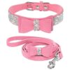 Pink Leather Dog Collar and Leash with Flocking and Rhinestones for Pet Show