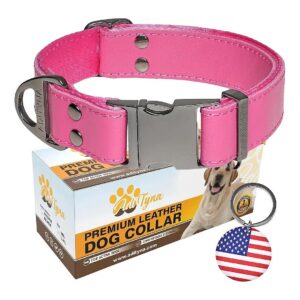 Pink Leather Dog Collar with Metal Buckle for Large and Extra Large Breeds