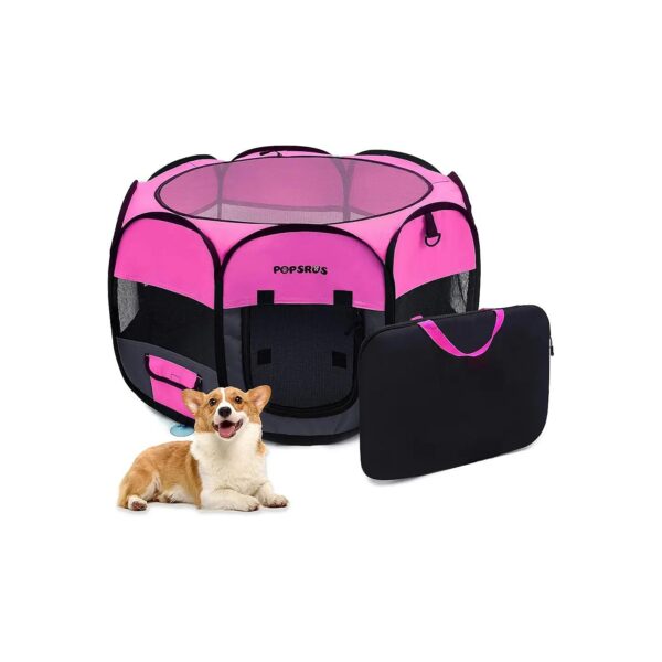 Pink Oxford Cloth Pet Playpen for Small Animals with Removable Top and Carrying Case