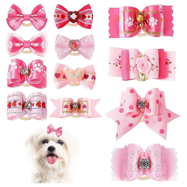 Pink Pet Hair Bows with Rhinestones and Lace for Small to Large Breed Dogs and Cats