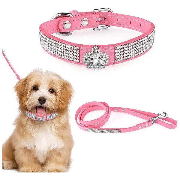 Pink Rhinestone Dog Collar Set with Adjustable Buckle for Small to Medium Dogs and Cats