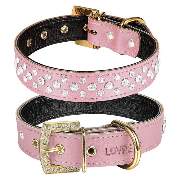 Pink Rhinestone Leather Dog Collar with Golden Buckle for Small Medium Breeds 11-13 Inch