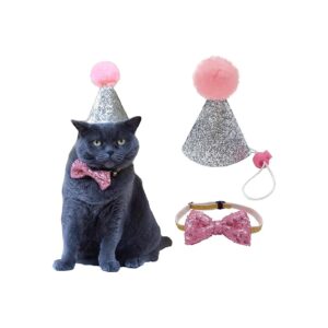 Pink Small Dog Cat Birthday Party Hat and Bow Tie for Kitten Puppy