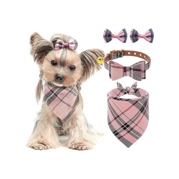 Pink Small Dog Collar Set with Adjustable Bandana and Hairpins for Girls and Boys