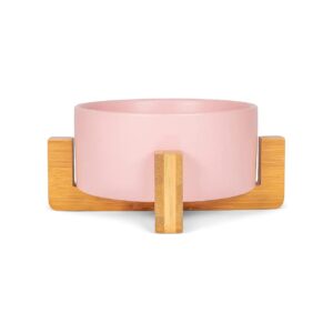 Pink Stoneware Ceramic Small Indoor Pet Bowl with Wood Stand