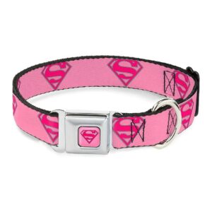 Pink Superman Shield Seatbelt Buckle Dog Collar Fits 15 to 26 Inch Neck