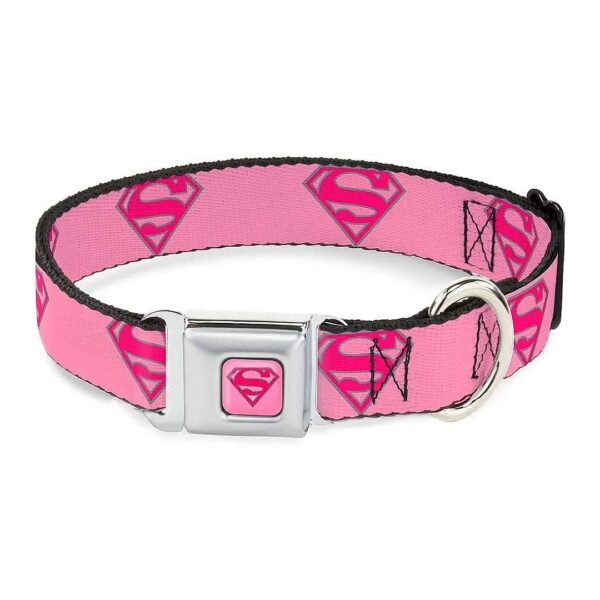 Pink Superman Shield Seatbelt Buckle Dog Collar Fits 15 to 26 Inch Neck