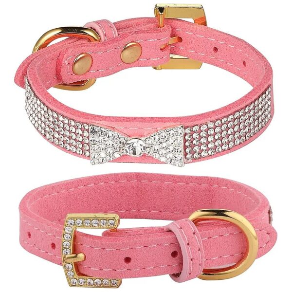 Pink Velvet Leather Dog Collar with Golden Buckle and Rhinestones for Puppy Medium Cats