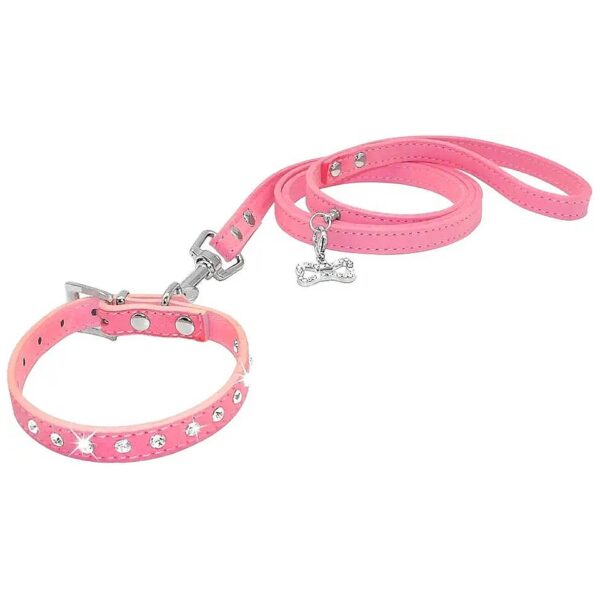 Pink XXS Suede Skin Pet Dog Collar Leash Set with Sparkly Crystal Diamonds