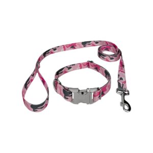 Pink and Grey Camouflage Dog Collar and Leash Set with Adjustable Width