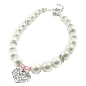 Pinky Crystal Heart Pearl Necklace for Small to Medium Sized Dogs and Cats