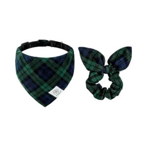 Plaid Adjustable Dog Collar with Bandana and Scrunchie for Small to Medium Dogs