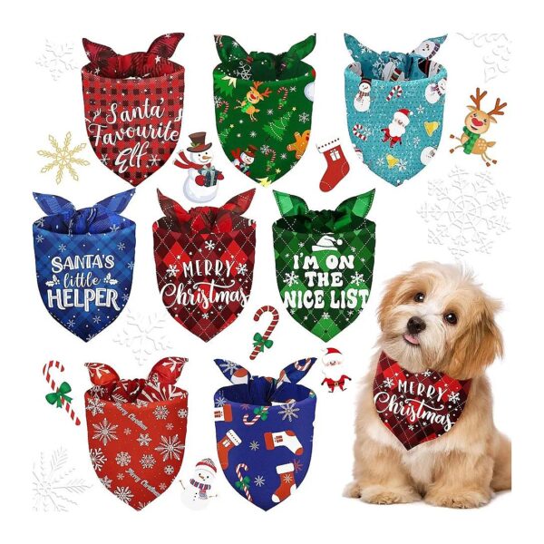 Plaid Buffalo Print Christmas Dog Scarves 8 Pack for Small Dogs Snowman Snowflake Pattern