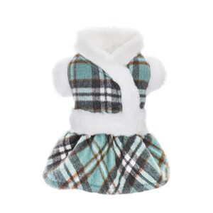 Plaid Cat Dog Dress Sweater for Small Dogs Cold Weather Fleece Warm Pet Outfit