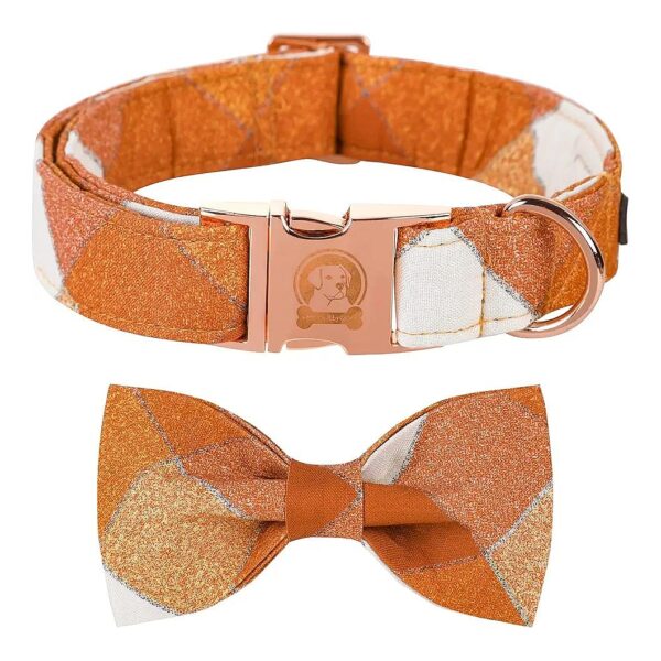 Plaid Dog Collar with Hand-Sewn Orange Bow Tie and Silicone Padding for Maximum Comfort