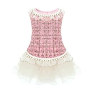 Plaid Dog Princess Dress with Tulle Skirt and Pearls Accessory for Small Breeds