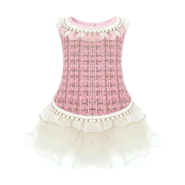 Plaid Dog Princess Dress with Tulle Skirt and Pearls Accessory for Small Breeds