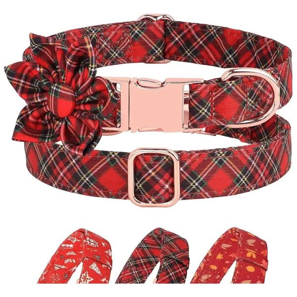 Plaid Pattern Dog Collar with Cute and Removable Flower for Small to Large Female Dogs