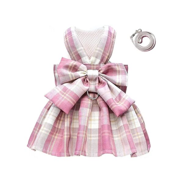 Plaid Puppy Dress with Soft Bow Tie Harness and Nylon Leash for Small Dog Girls