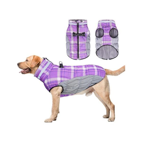 Plaid Purple Dog Winter Coat with Built-In Harness and Reflective Strips for Large Dogs