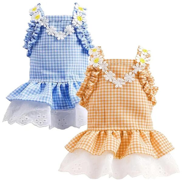 Plaid and Lace Dog Princess Dresses for Small Pet Girls with Classic Designs