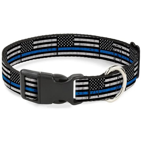 Plastic Buckle Dog Collar with Multicolor Thin Blue Line Flag Print - 1 Wide