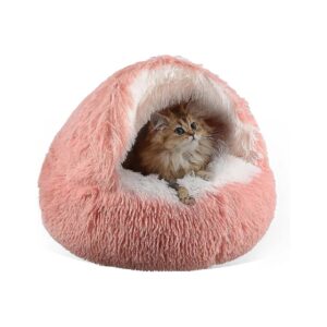 Plush Fluffy Hooded Cat Bed for Dogs and Cats, 20", Self-Warming, Machine Washable, Pink