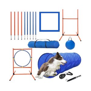 Portable Dog Agility Training Equipment Kit with Adjustable Hurdle Weave Poles Jump Ring