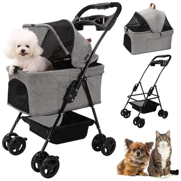 Portable Dog Stroller with 4 Wheels Oxford Cloth Comfortable Small Medium Cats Dogs