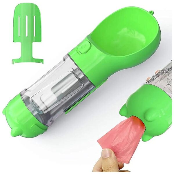 Portable Dog Water Bottle with Poop Bag Dispenser Green ABS Travel Companion