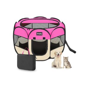 Portable No Assembly Pet Playpen for Small Animals with Shade Ventilation Mesh Hot Pink