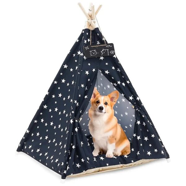 Portable Pet Teepee Tent for Small Animals with Navy Blue Stars Design