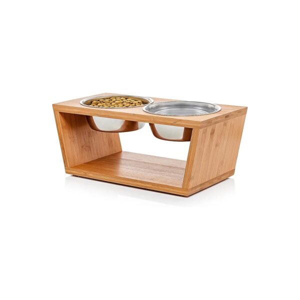 Premium Bamboo Raised Dog Bowl Stand with Four Stainless Steel Bowls for Large Breeds