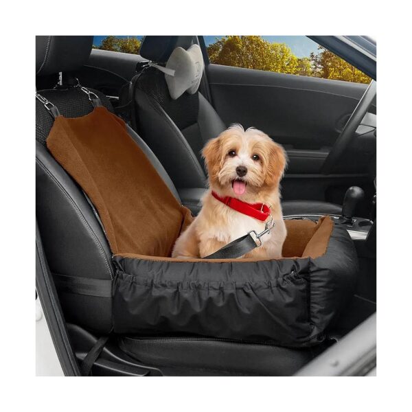 Premium Brown Dog Car Seat with Storage Pockets and Clip-On Leash for Small Medium Dogs