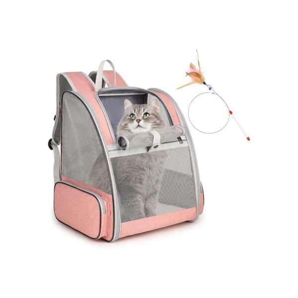 Premium Cat Backpack Carrier with Cat Wand Feather Toy for Pet Travel Pink