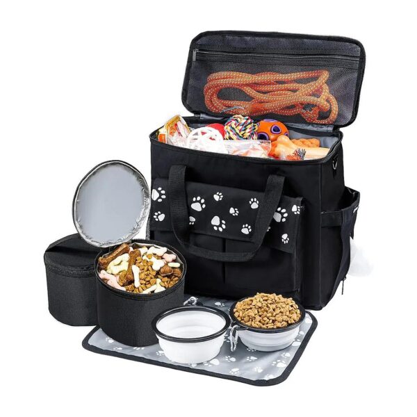 Premium Dog Travel Bag Kit for Pets Includes Food Containers and Collapsible Bowls